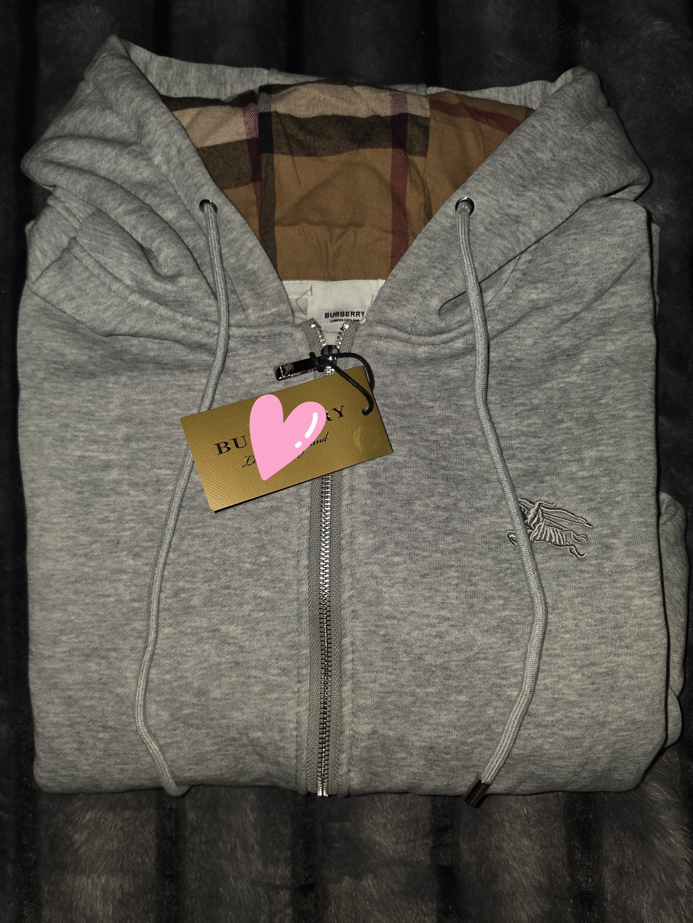 Burberry Men's Grey Zip-Up Hoodie with Check Lining